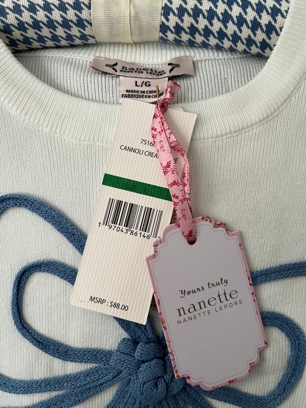 Nannette White Sweater with Blue Bow and Striped Hem - Picture 3 of 7